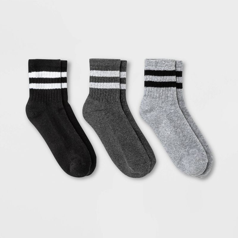 slide 1 of 2, Women's Striped Cushioned Ankle Socks 3pk - Universal Thread™ Heather Gray/Charcoal Heather/Black 4-10: Tagless, Knit, 3 ct