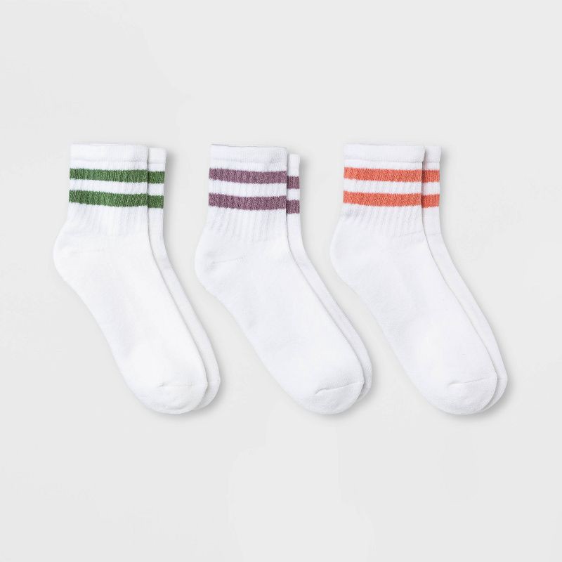 slide 1 of 2, Women's Striped Cushioned Ankle Socks 3pk - Universal Thread™ Green/Lilac/Coral 4-10: Cotton Blend, Tagless, Knit Fabric, 3 ct