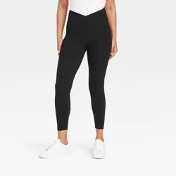 Women's Crossover V-Waistband Leggings - A New Day™ Black L: Mid Rise, Ankle Length, Power Stretch, Jersey Fabric