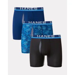 Hanes Premium Men's Xtemp Total Support Pouch Anti Chafing 3pk Boxer Briefs - Black/Blue M