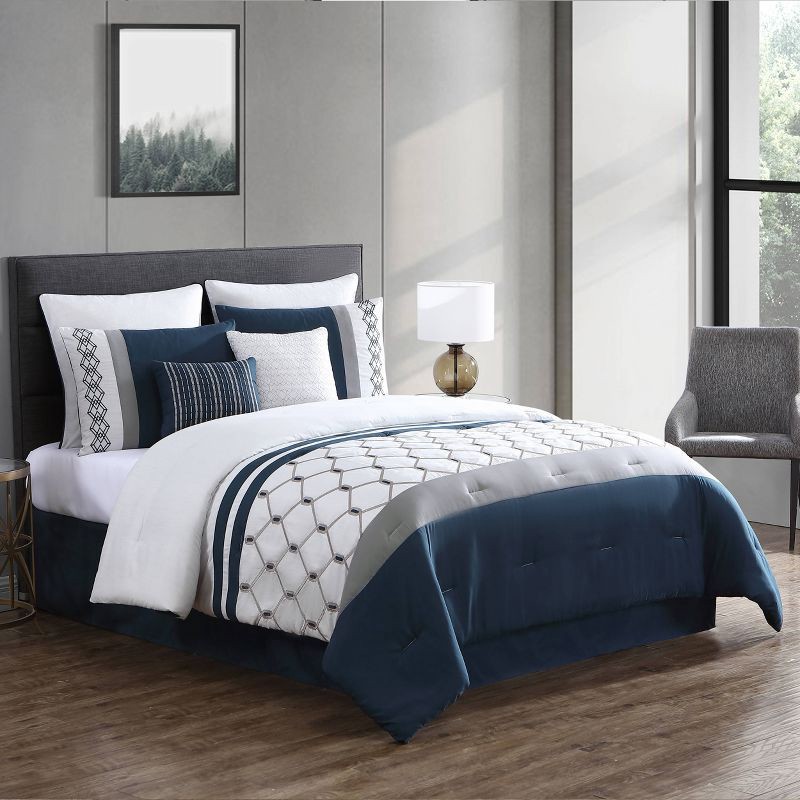 slide 1 of 8, Hallmart Collectibles 8pc Queen Ellison Embroidered Colorblock Comforter Bedding Set - Dark Teal: Microfiber, OEKO-TEX Certified, Includes Euro Shams & Bed Skirt, 8 ct