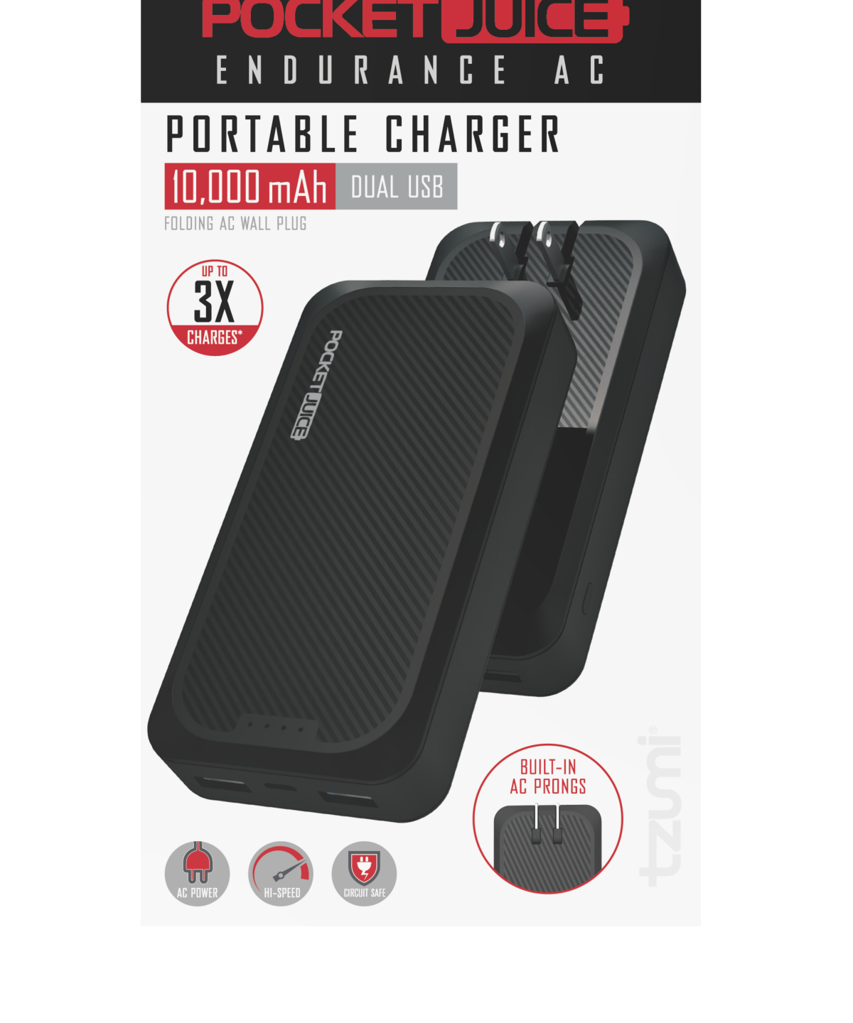 slide 2 of 2, TZUMI PocketJuice Endurance AC 10K mAh, Portable Power Bank Charger with Built-In Wall Plug, 1 ct