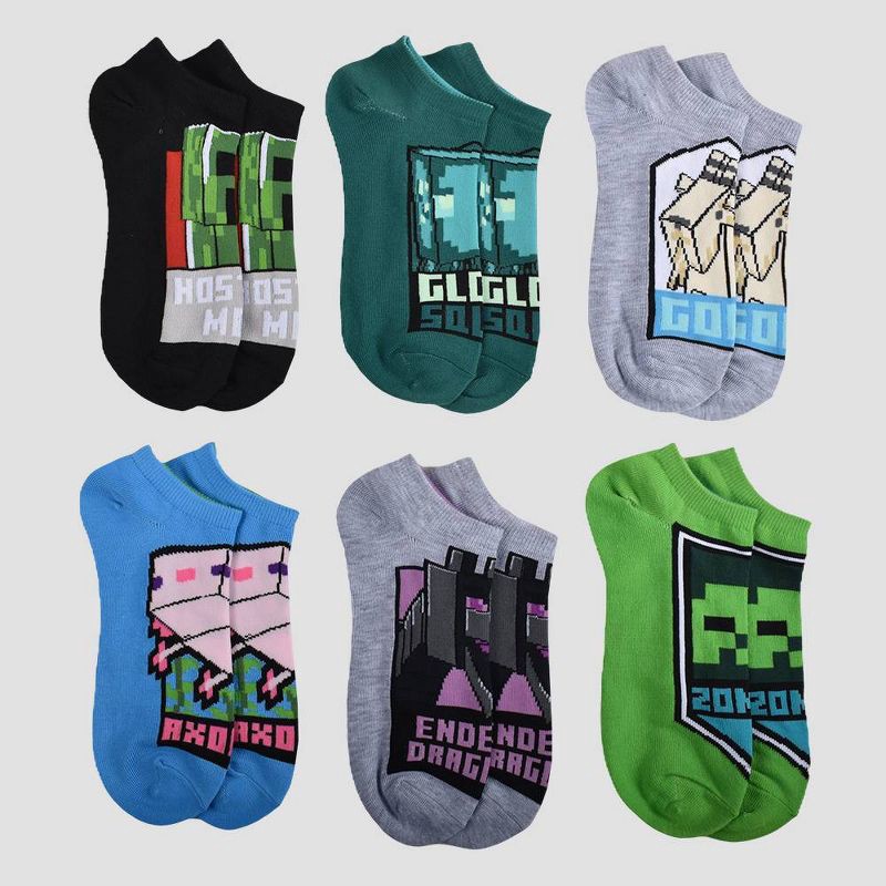 slide 2 of 3, Boys' Minecraft 6pk No Show Socks - Green M/L, 6 ct