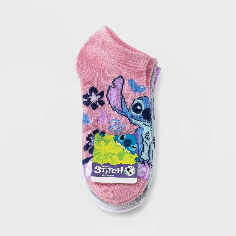 slide 2 of 2, Girls' Lilo & Stitch 6pk No Show Socks - Pink S/M, 6 ct
