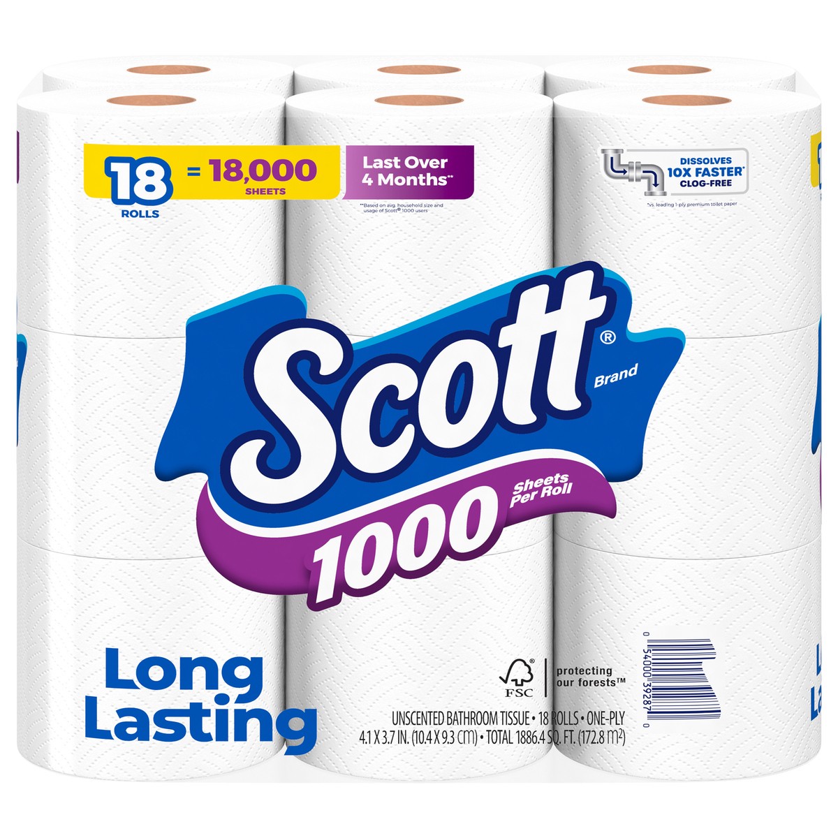 slide 1 of 9, Scott 1000 Toilet Paper, 18 Rolls, Septic-Safe, 1-Ply Toilet Tissue, 18 ct