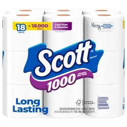 Scott 1000 Toilet Paper, 18 Rolls, Septic-Safe, 1-Ply Toilet Tissue