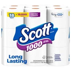 Scott 1000 Toilet Paper, 18 Rolls, Septic-Safe, 1-Ply Toilet Tissue