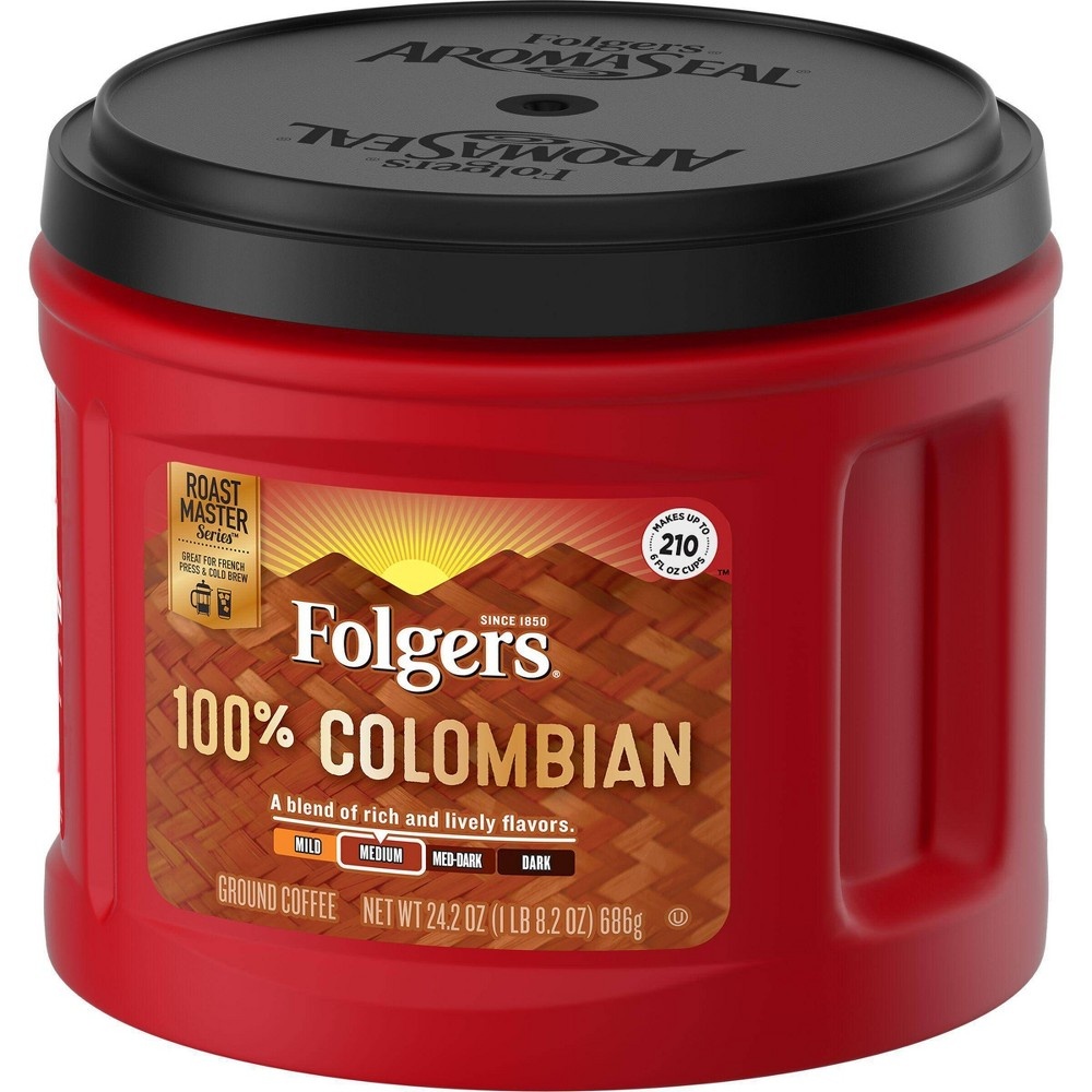 slide 4 of 5, Folgers Colombian Medium Dark Roast Ground Coffee, 24.2 oz