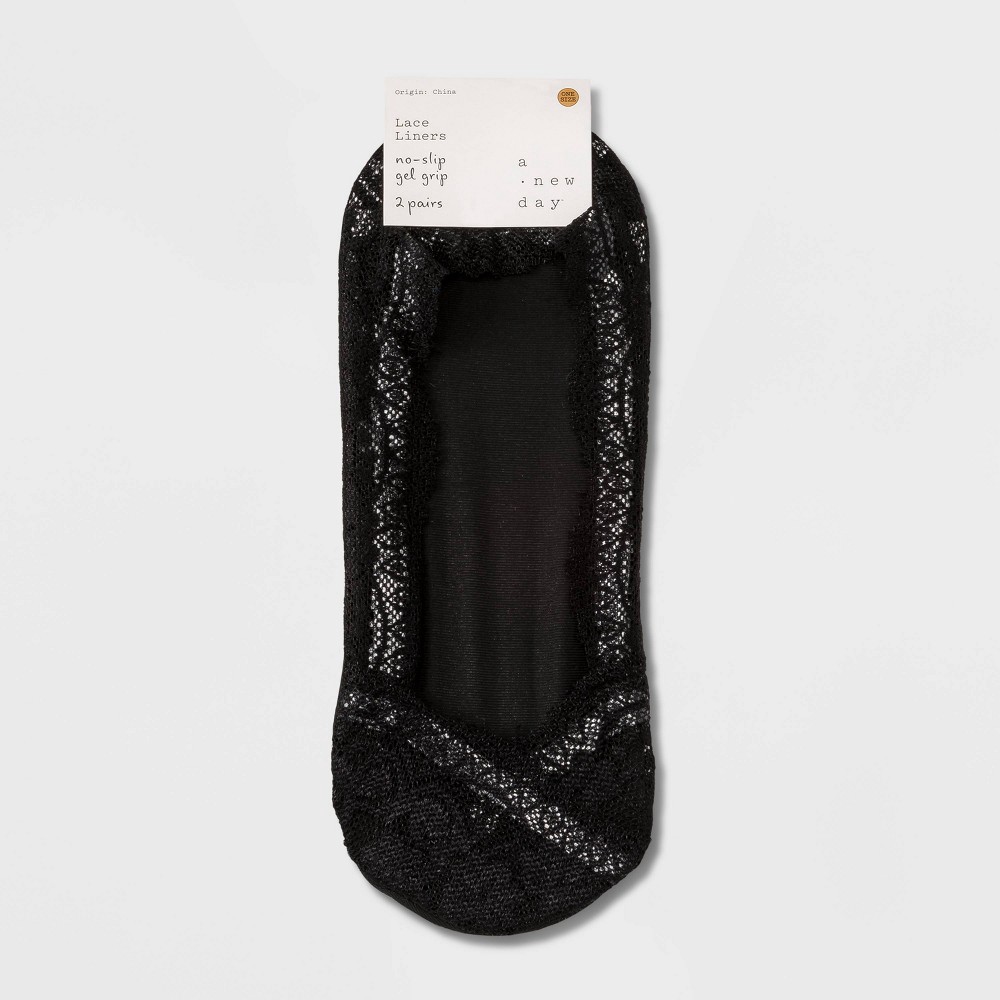 slide 2 of 2, Women's Lace 2pk Liner Socks - A New Day Gray/Black 4-10, 2 ct