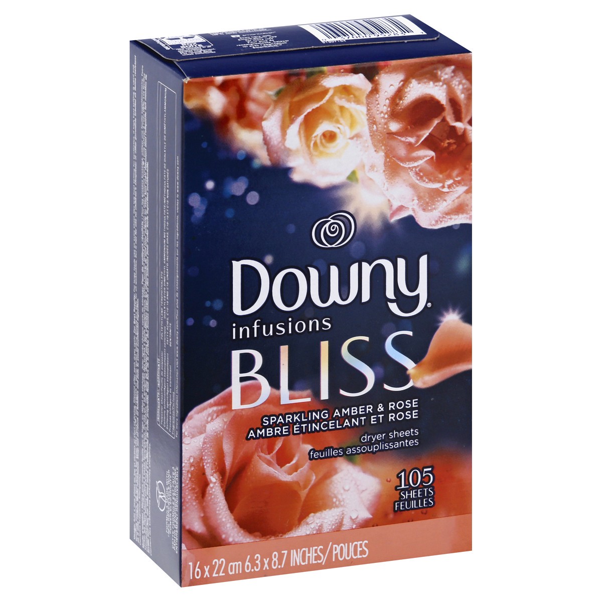 slide 7 of 9, Downy Infusions Fabric Softener Dryer Sheets, Bliss, Sparkling Amber & Rose, 105 count, 105 ct