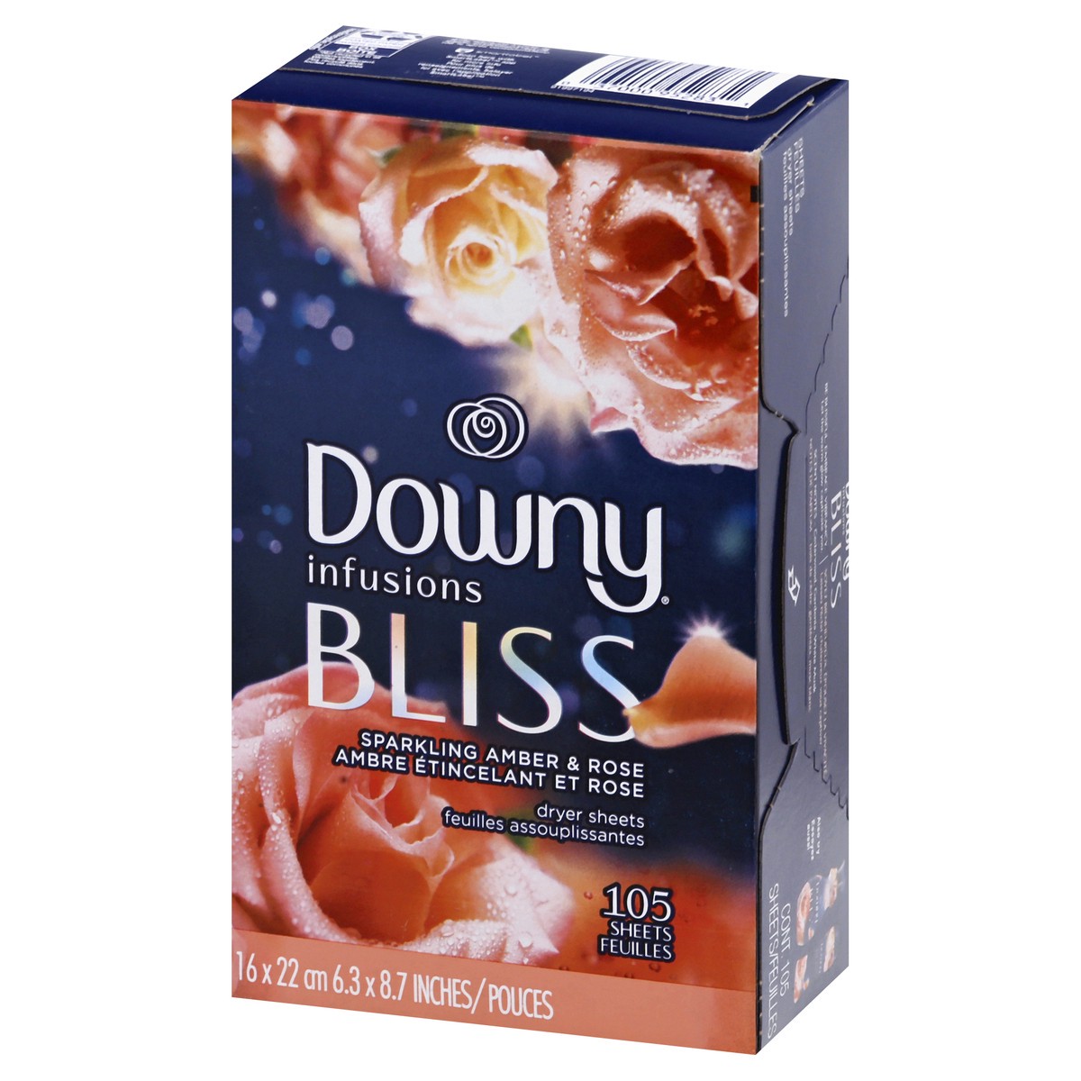 slide 8 of 9, Downy Infusions Fabric Softener Dryer Sheets, Bliss, Sparkling Amber & Rose, 105 count, 105 ct