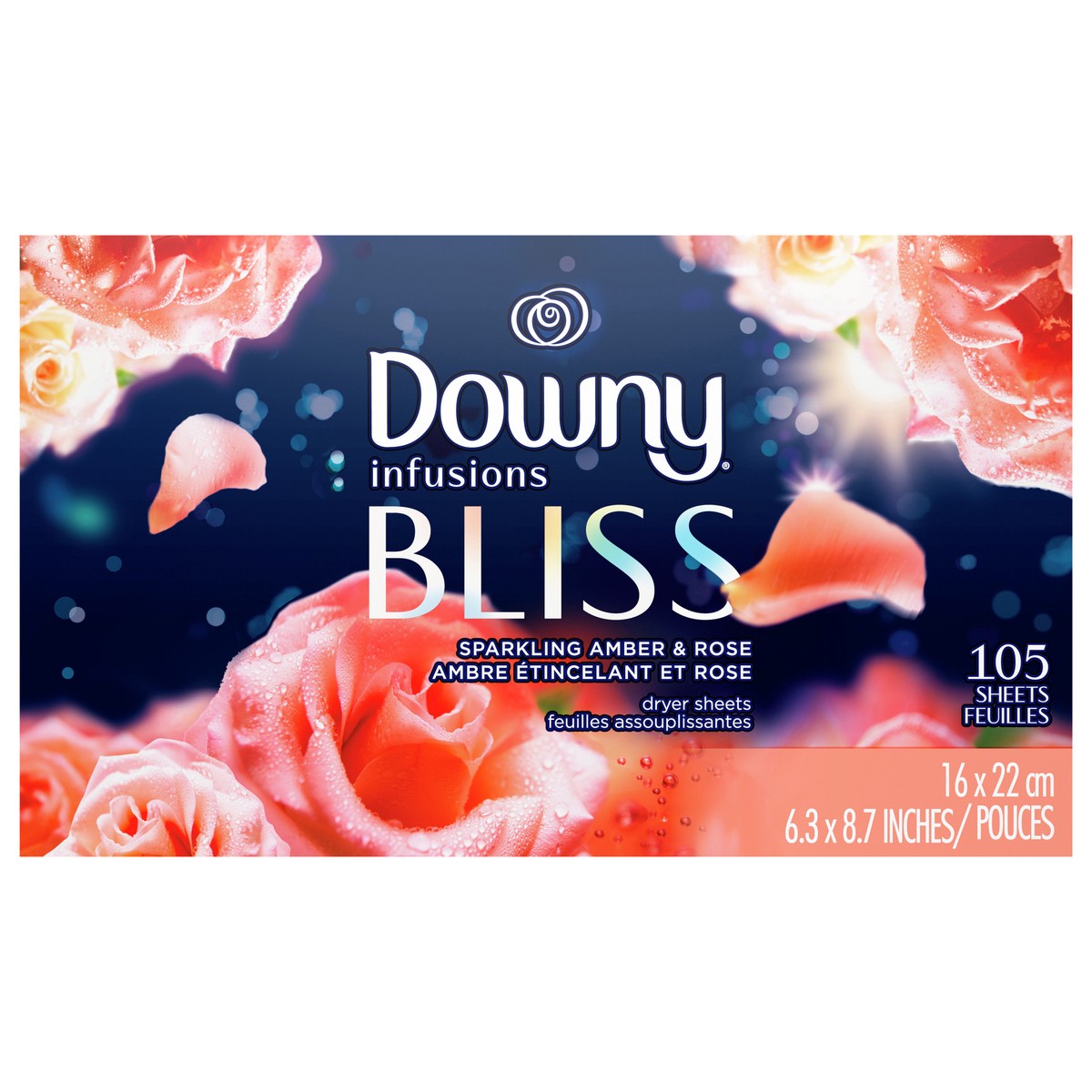 slide 1 of 9, Downy Infusions Fabric Softener Dryer Sheets, Bliss, Sparkling Amber & Rose, 105 count, 105 ct