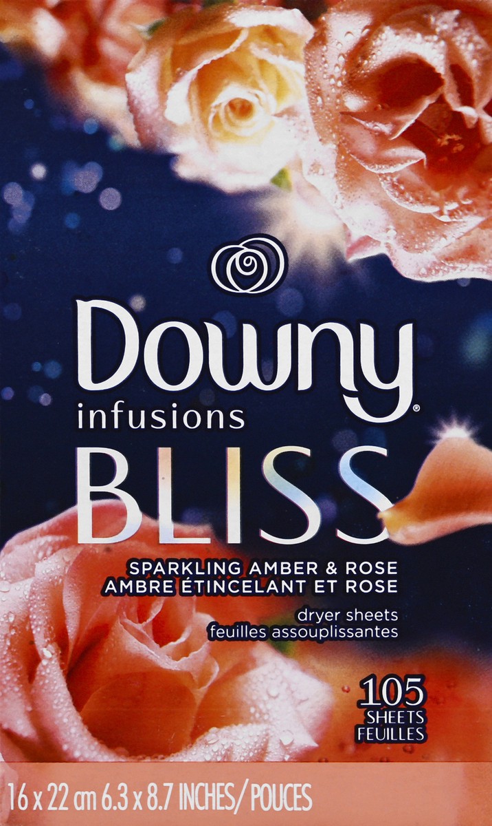 slide 4 of 9, Downy Infusions Fabric Softener Dryer Sheets, Bliss, Sparkling Amber & Rose, 105 count, 105 ct