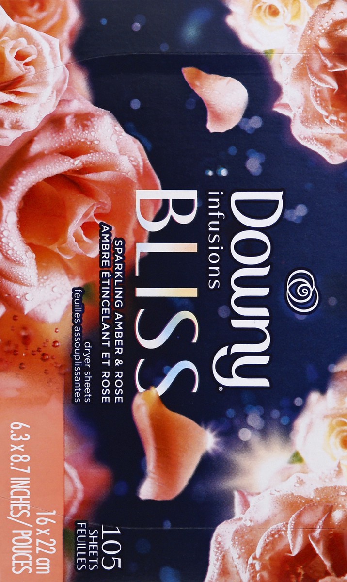 slide 2 of 9, Downy Infusions Fabric Softener Dryer Sheets, Bliss, Sparkling Amber & Rose, 105 count, 105 ct