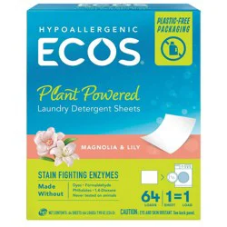 ECOS Laundry Detergent Sheets - Magnolia & Lily - 7.9oz/64 loads: Hypoallergenic, Dermatologist Tested, Household Sheets