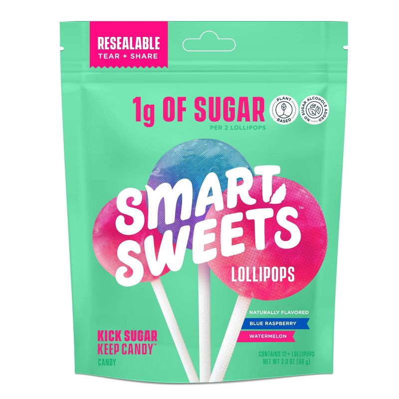 slide 1 of 8, SmartSweets Lollipops, Watermelon & Blue Raspberry Candy - 3oz, 3 oz