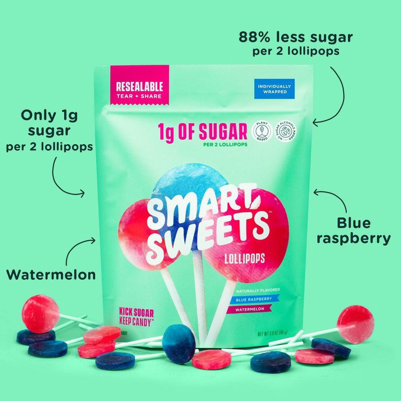 slide 2 of 8, SmartSweets Lollipops, Watermelon & Blue Raspberry Candy - 3oz, 3 oz