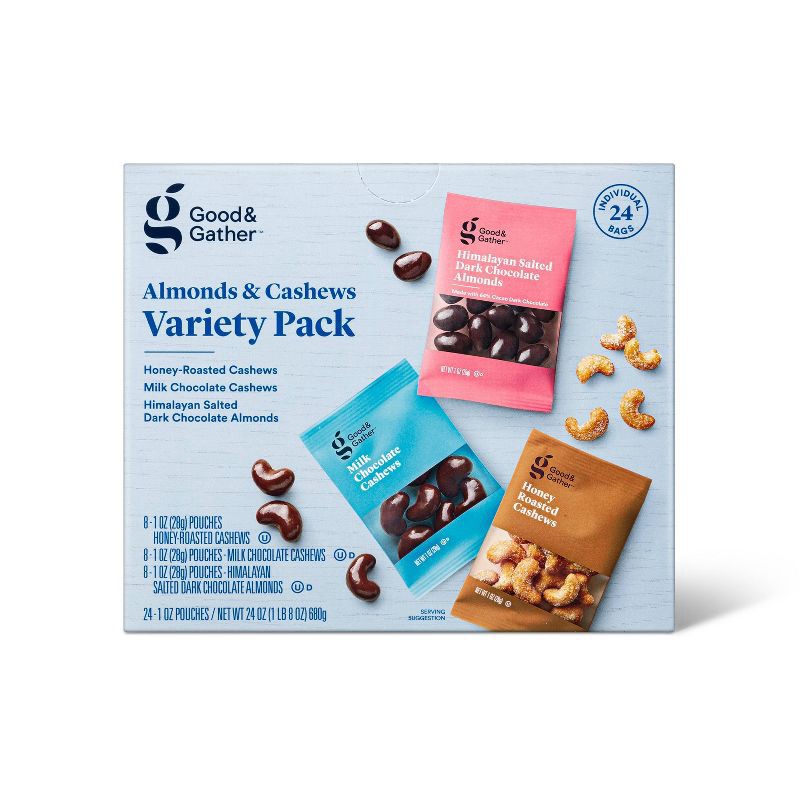 slide 1 of 3, Almonds and Cashews Variety Pack - 24ct - Good & Gather™, 24 ct