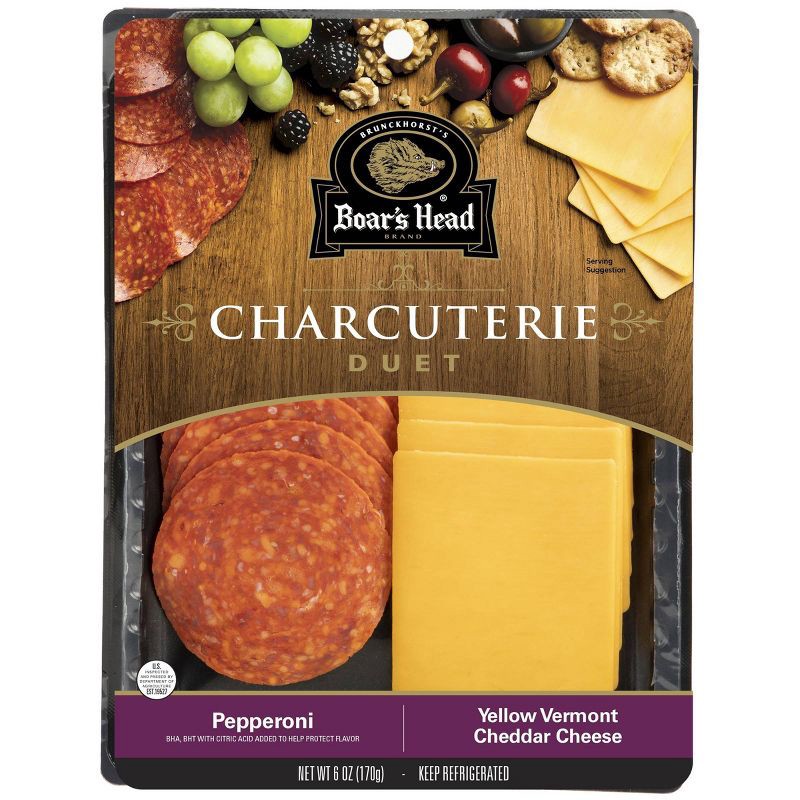 slide 1 of 5, Boar's Head Charcuterie DUET - Pepperoni, Yellow Vermont Cheddar Cheese - 6oz, 6 oz