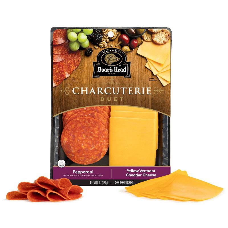 slide 5 of 5, Boar's Head Charcuterie DUET - Pepperoni, Yellow Vermont Cheddar Cheese - 6oz, 6 oz