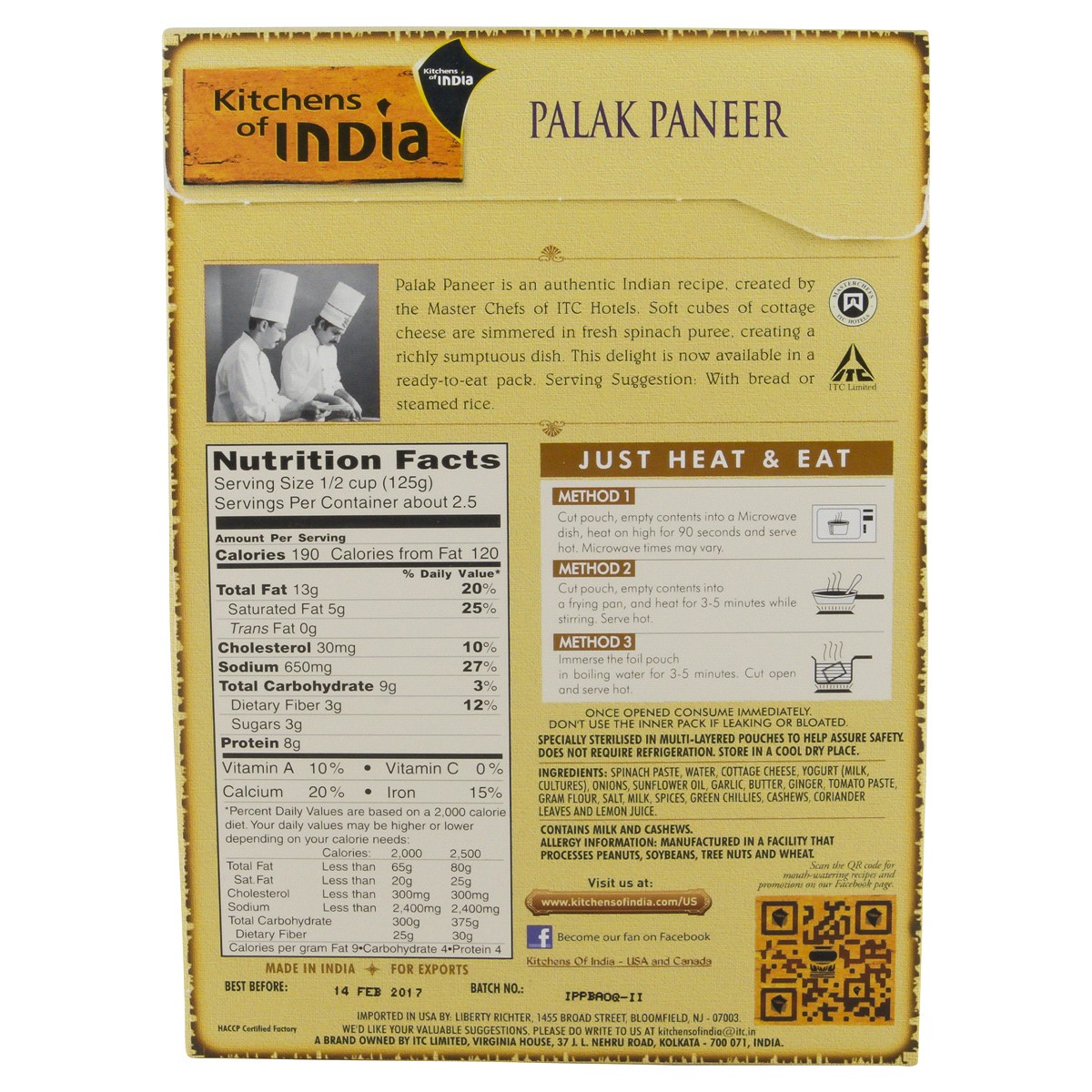 slide 2 of 2, Kitchens of India Spinach with Cottage Cheese and Sauce Mild Palak Paneer 10 oz, 10 oz