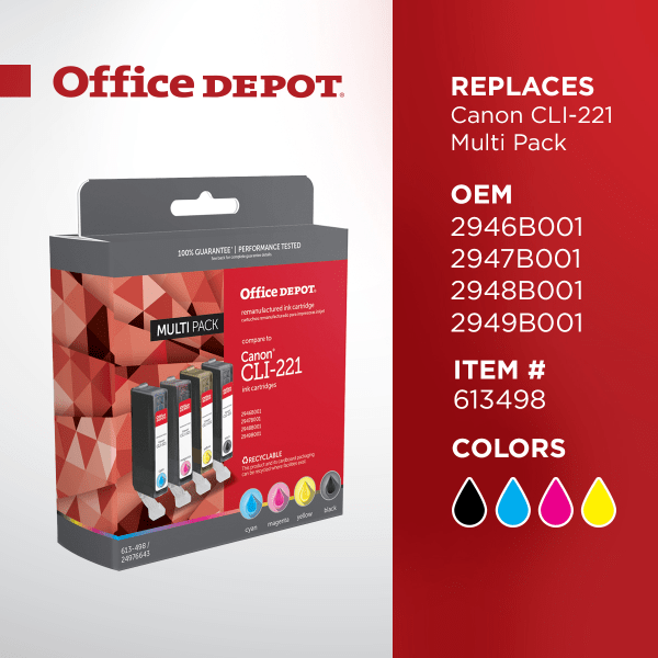 slide 2 of 5, Office Depot Brand Odcli221Bcmy (Canon Cli-221) Remanufactured Black/Cyan/Magenta/Yellow Ink Cartridges, Pack Of 4, 4 ct