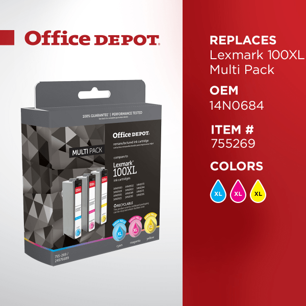 slide 2 of 5, Office Depot Brand Od100Cmyxl (Lexmark 100Xl/100) Remanufactured Color Ink Cartridges, Pack Of 3, 3 ct