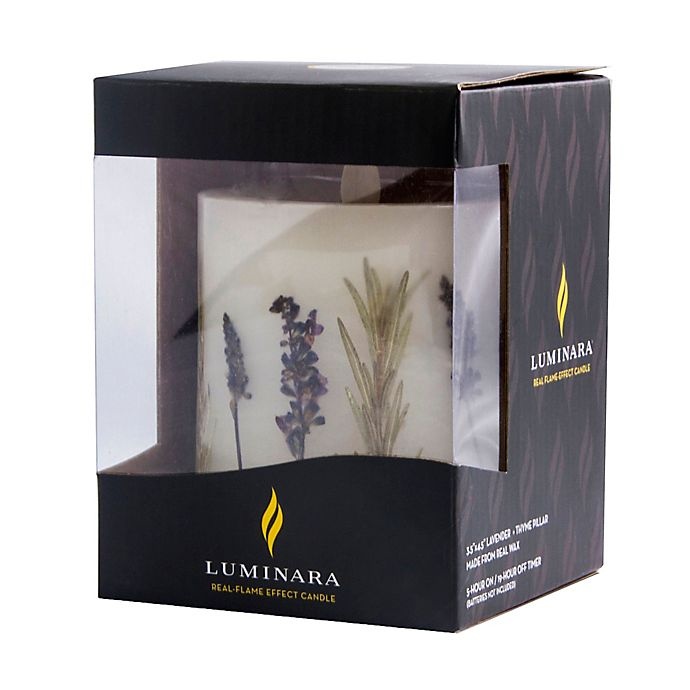 slide 2 of 3, Luminara Embedded Lavender & Thyme Real-Flame Effect Pillar Candle, 4 in