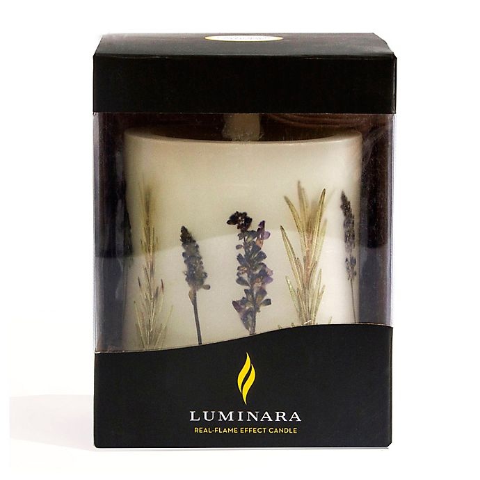 slide 3 of 3, Luminara Embedded Lavender & Thyme Real-Flame Effect Pillar Candle, 4 in