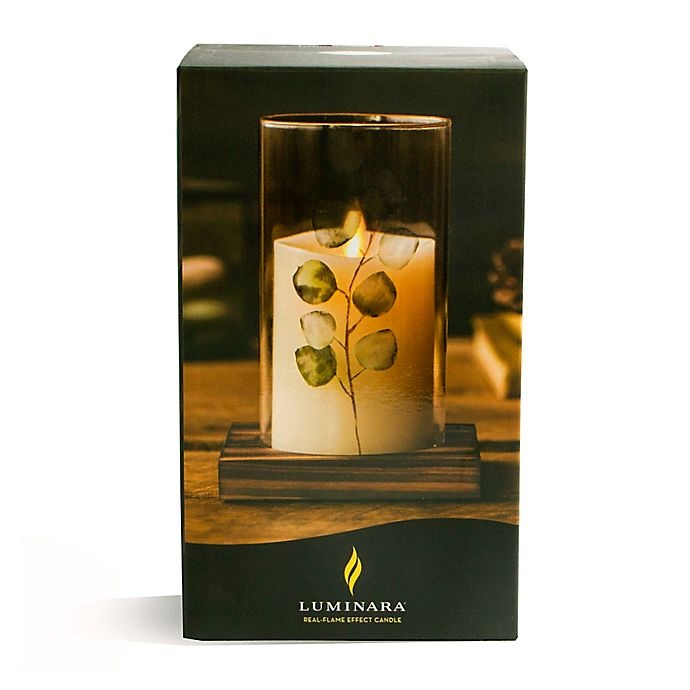 slide 2 of 4, Luminara Small Eucalyptus Glass Hurricane with Real-Flame Effect Pillar Candle, 1 ct