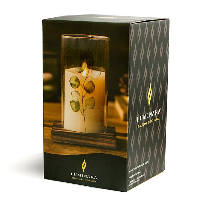 slide 3 of 4, Luminara Small Eucalyptus Glass Hurricane with Real-Flame Effect Pillar Candle, 1 ct