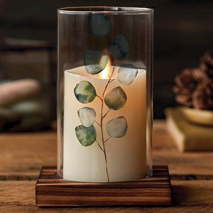 slide 4 of 4, Luminara Small Eucalyptus Glass Hurricane with Real-Flame Effect Pillar Candle, 1 ct