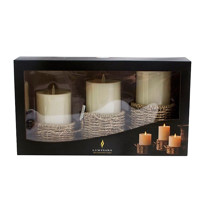 slide 2 of 4, Luminara Woven Wrap Real-Flame Effect Pillar Candles, 3 ct