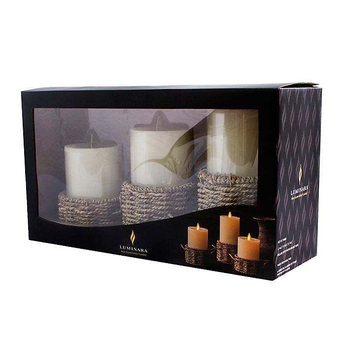 slide 3 of 4, Luminara Woven Wrap Real-Flame Effect Pillar Candles, 3 ct