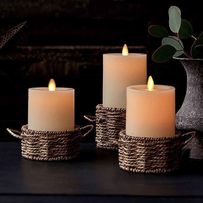 slide 4 of 4, Luminara Woven Wrap Real-Flame Effect Pillar Candles, 3 ct