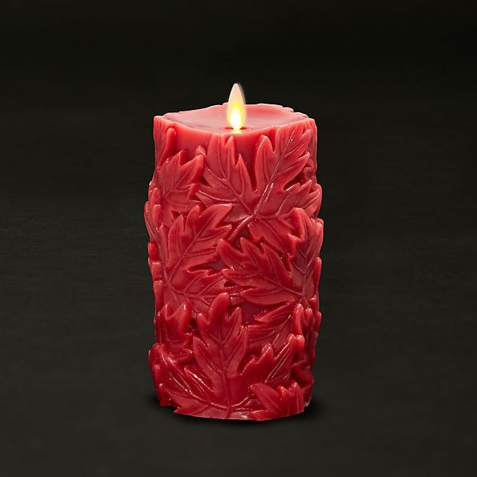 slide 2 of 4, Luminara Carved Leaf Harvest LED Pillar Candle - Red, 6 in