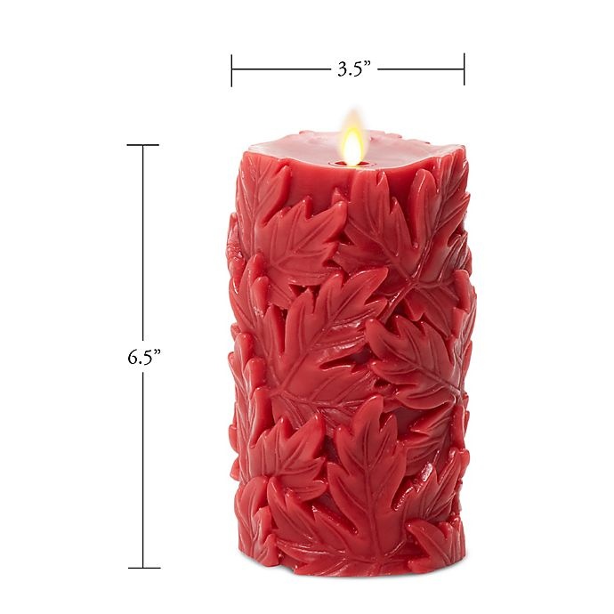 slide 4 of 4, Luminara Carved Leaf Harvest LED Pillar Candle - Red, 6 in