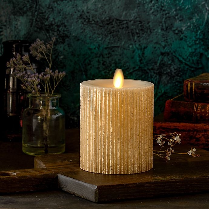 slide 3 of 3, Luminara Moving Flame Gold Ribbed Real-Flame Effect Pillar Candle, 4.5 in