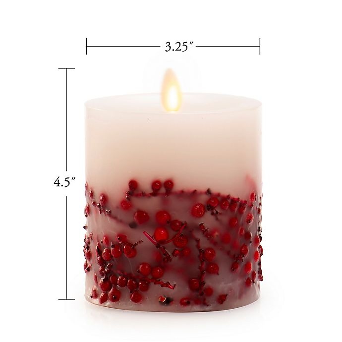 slide 3 of 6, Luminara Red Berries Real-Flame Effect Pillar Candle, 4 in