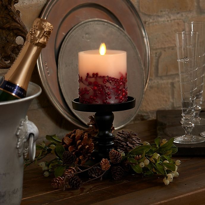 slide 4 of 6, Luminara Red Berries Real-Flame Effect Pillar Candle, 4 in