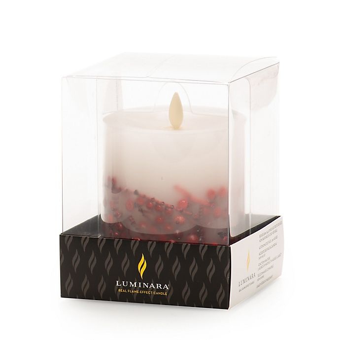 slide 5 of 6, Luminara Red Berries Real-Flame Effect Pillar Candle, 4 in