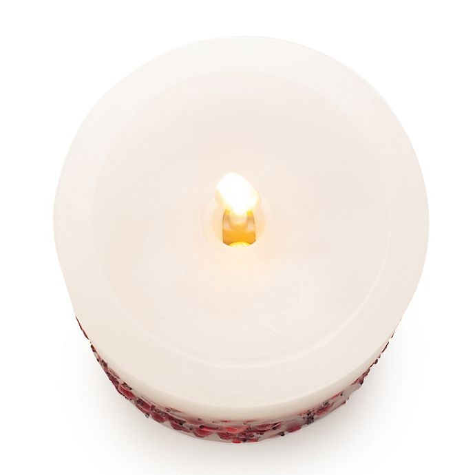 slide 6 of 6, Luminara Red Berries Real-Flame Effect Pillar Candle, 4 in