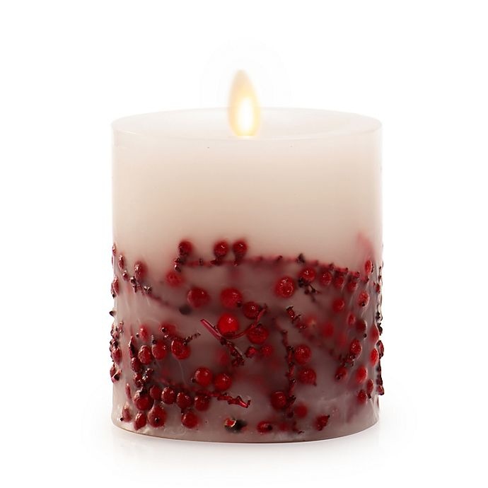 slide 1 of 6, Luminara Red Berries Real-Flame Effect Pillar Candle, 4 in