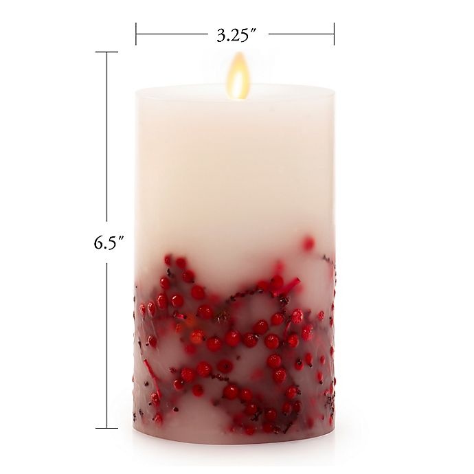 slide 4 of 6, Luminara Red Berries Real-Flame Effect Pillar Candle, 6 in