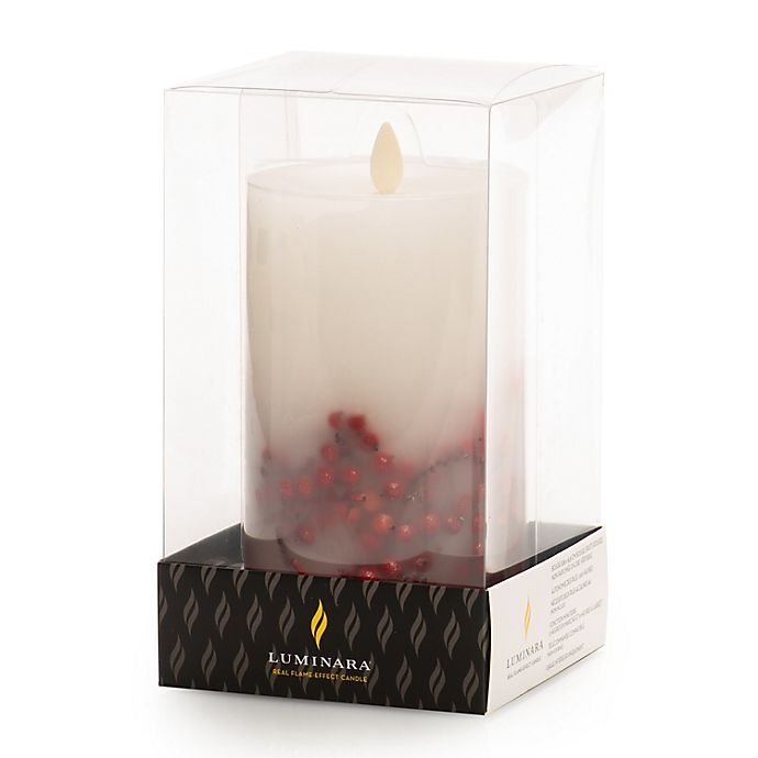 slide 2 of 6, Luminara Red Berries Real-Flame Effect Pillar Candle, 6 in