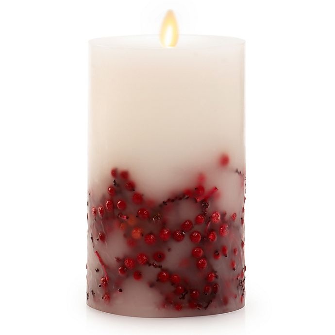 slide 1 of 6, Luminara Red Berries Real-Flame Effect Pillar Candle, 6 in