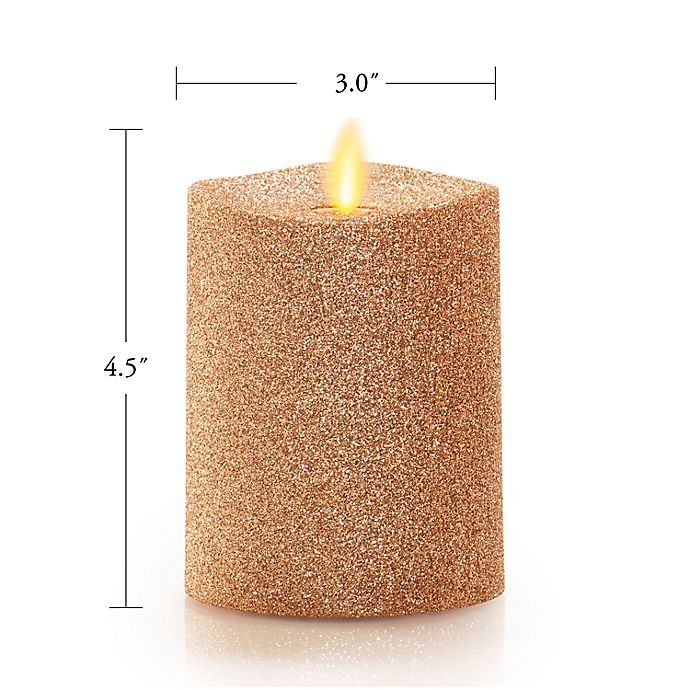 slide 2 of 6, Luminara Gold Glitter Real-Flame Effect Pillar Candle, 4 in