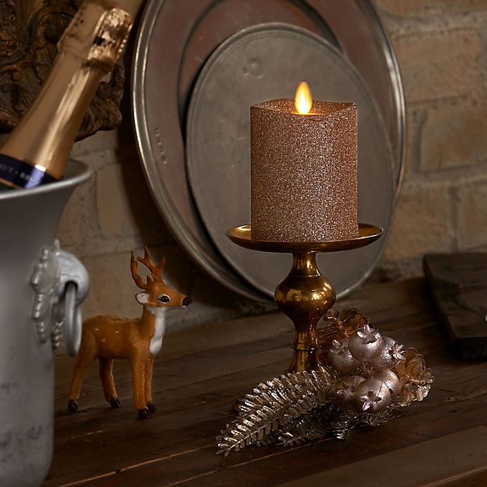 slide 4 of 6, Luminara Gold Glitter Real-Flame Effect Pillar Candle, 4 in