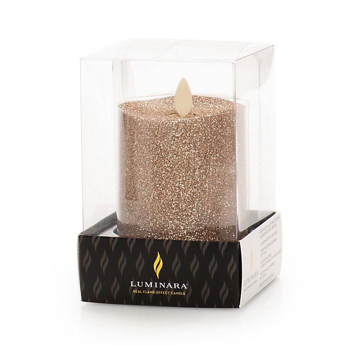 slide 5 of 6, Luminara Gold Glitter Real-Flame Effect Pillar Candle, 4 in