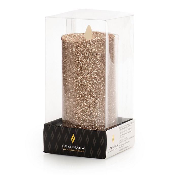 slide 6 of 6, Luminara Glitter Real-Flame Effect Pillar Candle - Gold, 6 in